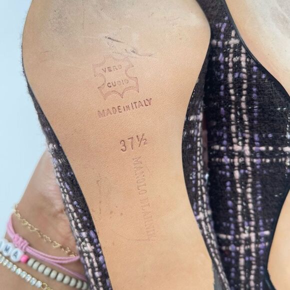 Manolo Blahnik BB Tweed Whipstitch Pumps Pointed Toe Purple Brown 37.5 / 7.5 - Picture 9 of 15